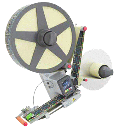 Automatick� vysokorychlostn� etiketovac� hlava IXOR+ 124L pro rychlost p�su etiket a� 50m /min. s mechnaick�m odv�je�em etiket o pr�m�ru 410 mm, mechanick�m nav�je�em a induk�n�m senzorem CEON ve vertik�ln� mont�i.