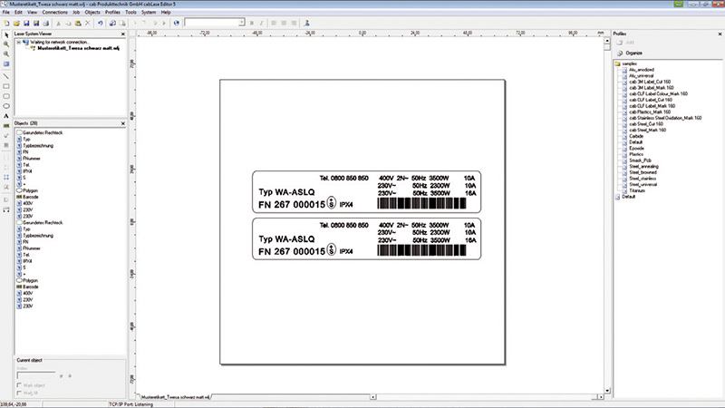 Grafický editor programu cabLase Editor 5 pro laserové značení dílů.