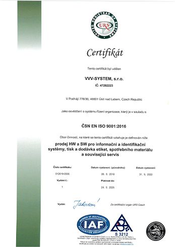 Certifikát řízení kvality dle normy ČSN EN ISO 9001:2016 v českém jazyce.