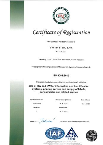 Certifikát řízení kvality dle normy ISO 9001:2015 v anglickém jazyce.